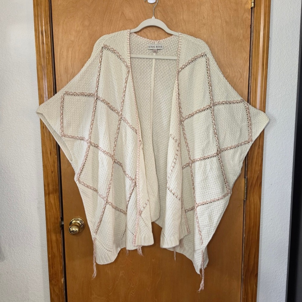 Knox Rose Cream Pink Diamond Knit Open Front Poncho Boho Cardigan Sweater Large